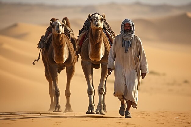 Homme berbère devant une caravane dans le désert.